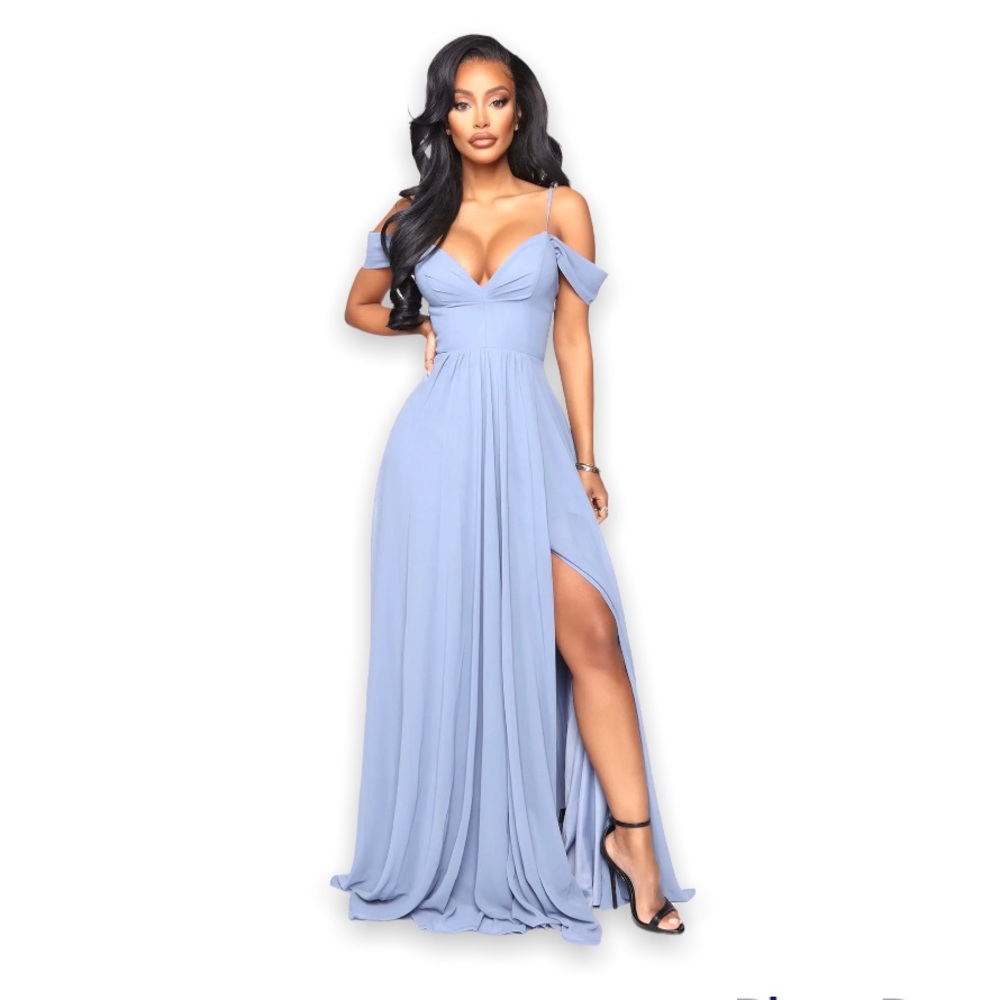 New Woman’s Blue We Go Together Embroidered High Slit Prom Brides Maxi Dress - Picture 3 of 17